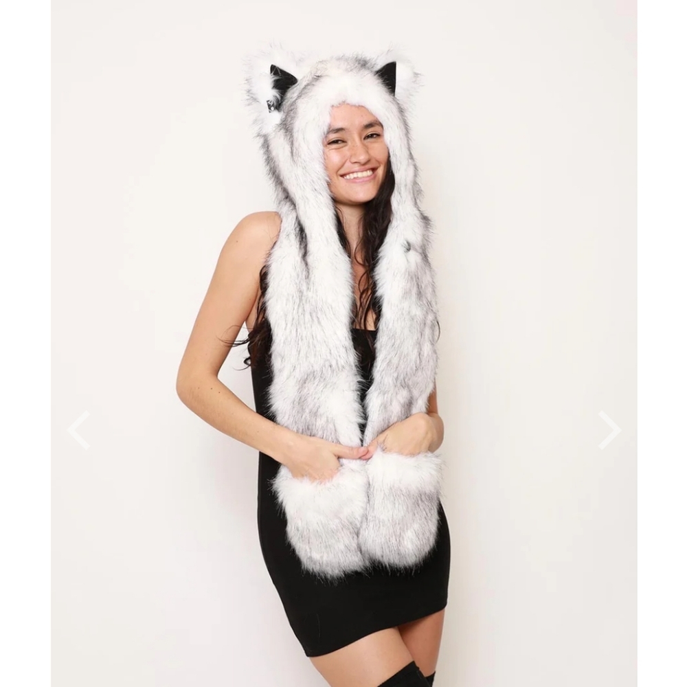 SpiritHoods White & Gray Wolf Faux Fur Hood with Ear and Paws